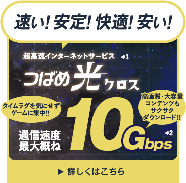 【速い！安定！快適！安い！】インターネット接続サービスつばめ光クロス通信速度最大概ね10Gbps