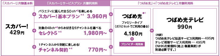 「スカパー！」月額基本料+「スカパー！」サービスプラン 月額利用料+「つばめ光」+「つばめ光テレビ」月額利用料
